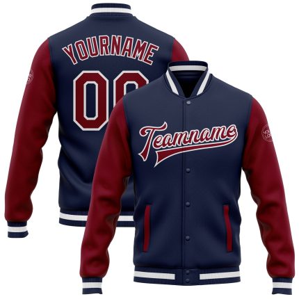 Navy Crimson-White Varsity Letterman Bomber Jacket Full-Snap Two Tone Custom Design Custom Navy Crimson-White Bomber Full-Snap