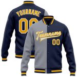 Navy Gold Gray Custom Bomber Jacket Full-Snap Varsity Letterman Fashion Jacket Custom Navy Gold-Gray Bomber Full-Snap Varsity