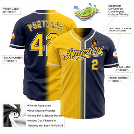 Custom Navy Gold White Authentic Fade Baseball Jersey - Fashion Style Jersey Custom Navy Gold-White Authentic Fade Fashion