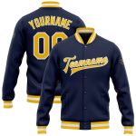 Navy Gold White Custom Full-Snap Varsity Letterman Bomber Jacket Custom Navy Gold-White Bomber Full-Snap Varsity Letterman