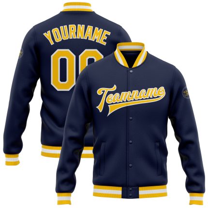 Navy Gold White Custom Full-Snap Varsity Letterman Bomber Jacket Custom Navy Gold-White Bomber Full-Snap Varsity Letterman