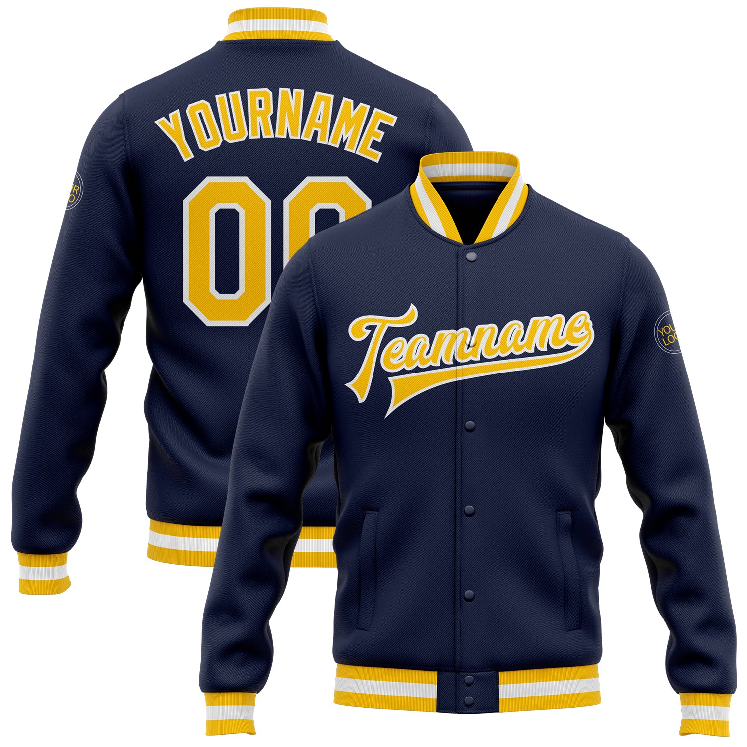 Navy Gold White Custom Full-Snap Varsity Letterman Bomber Jacket Custom Navy Gold-White Bomber Full-Snap Varsity Letterman
