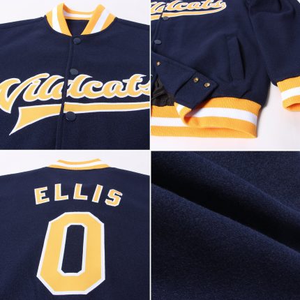 Navy Gold White Custom Full-Snap Varsity Letterman Bomber Jacket Custom Navy Gold-White Bomber Full-Snap Varsity Letterman