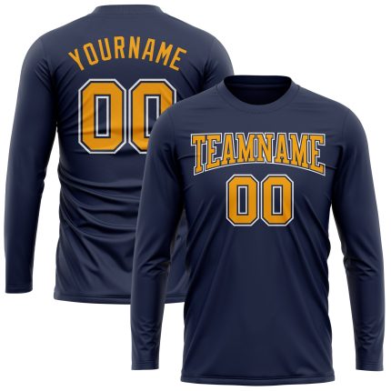 Navy Gold White Long Sleeve Performance T-Shirt - Custom Salute To Service Design Custom Navy Gold-White Long Sleeve Performance