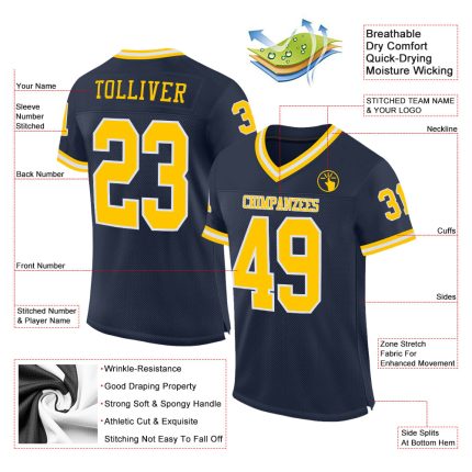 Navy Gold White Custom Mesh Throwback Football Jersey Authentic Style Custom Navy Gold-White Mesh Authentic Throwback Football