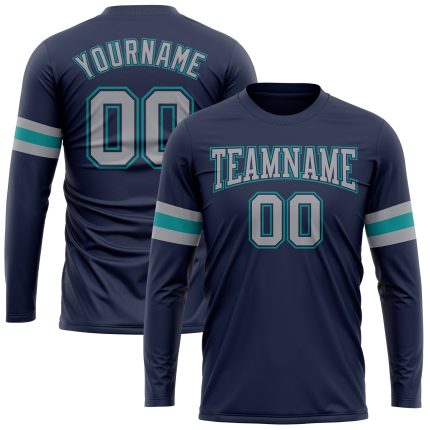 Navy Gray Aqua Long Sleeve Performance T-Shirt - Custom Salute to Service Custom Navy Gray-Aqua Long Sleeve Performance Salute