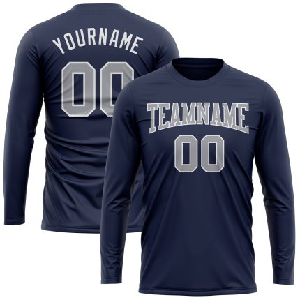 Custom Navy Gray-White Long Sleeve T-Shirt - Performance Salute To Service Tee for Men Custom Navy Gray-White Long Sleeve
