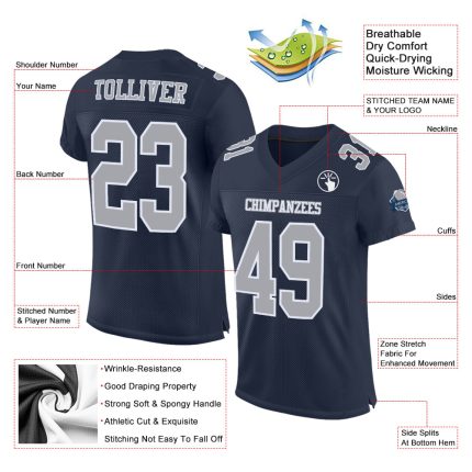 Custom Navy Gray-White Mesh Authentic Football Jersey for Men - Personalized Sports Apparel Custom Navy Gray-White Mesh Authentic
