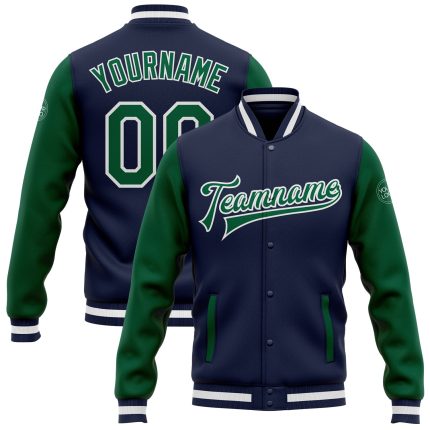 Navy Green White Letterman Varsity Bomber Full-Snap Two Tone Jacket Custom Custom Navy Kelly Green-White Bomber Full-Snap