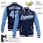 Custom Two Tone Varsity Letterman Bomber Jacket Navy Light Blue White Full-Snap Custom Navy Light Blue-White Bomber Full-Snap