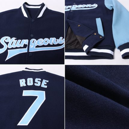 Custom Two Tone Varsity Letterman Bomber Jacket Navy Light Blue White Full-Snap Custom Navy Light Blue-White Bomber Full-Snap