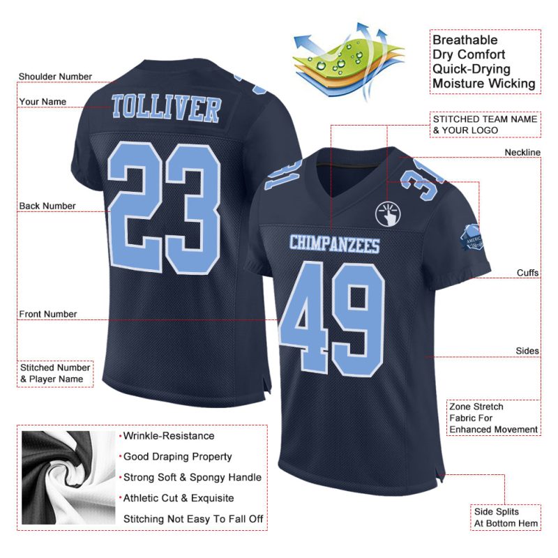 Custom Navy Light Blue White Mesh Football Jersey - Authentic Sports Apparel Custom Navy Light Blue-White Mesh Authentic