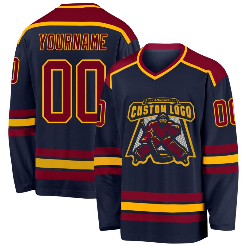 Navy Maroon Gold Custom Hockey Jersey for Men and Women, Personalized Jerseys Custom Navy Maroon-Gold Hockey Jersey