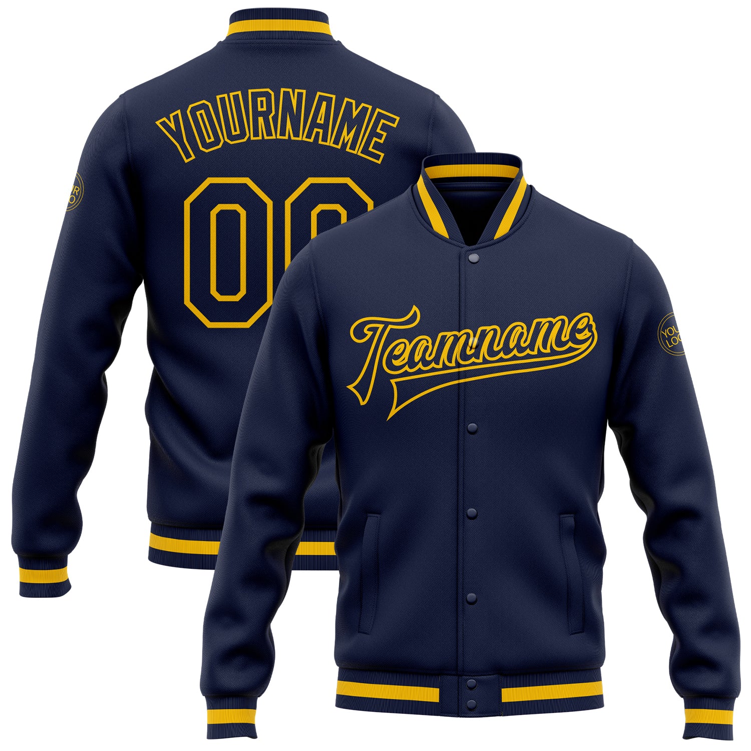 Custom Navy Gold Bomber Varsity Letterman Jacket Full-Snap for Men and Women Custom Navy Navy-Gold Bomber Full-Snap Varsity