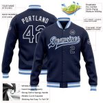Custom Navy Light Blue Varsity Letterman Bomber Jacket Full-Snap Custom Navy Navy-Light Blue Bomber Full-Snap Varsity Letterman