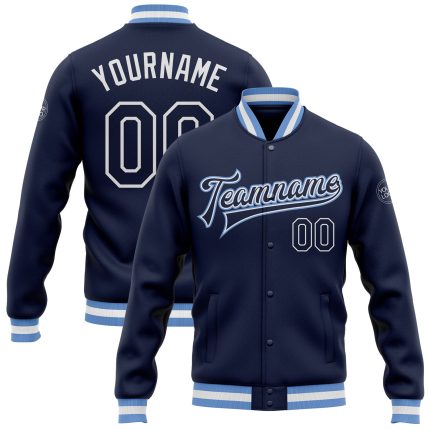 Custom Navy Light Blue Varsity Letterman Bomber Jacket Full-Snap Custom Navy Navy-Light Blue Bomber Full-Snap Varsity Letterman