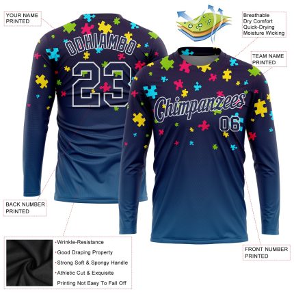 Navy White Autism Awareness 3D Puzzle Pieces Long Sleeve Performance T-Shirt Custom Navy Navy-White Autism Awareness Puzzle