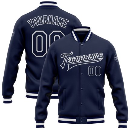 Custom Navy White Bomber Varsity Letterman Jacket Full-Snap Design Custom Navy Navy-White Bomber Full-Snap Varsity Letterman