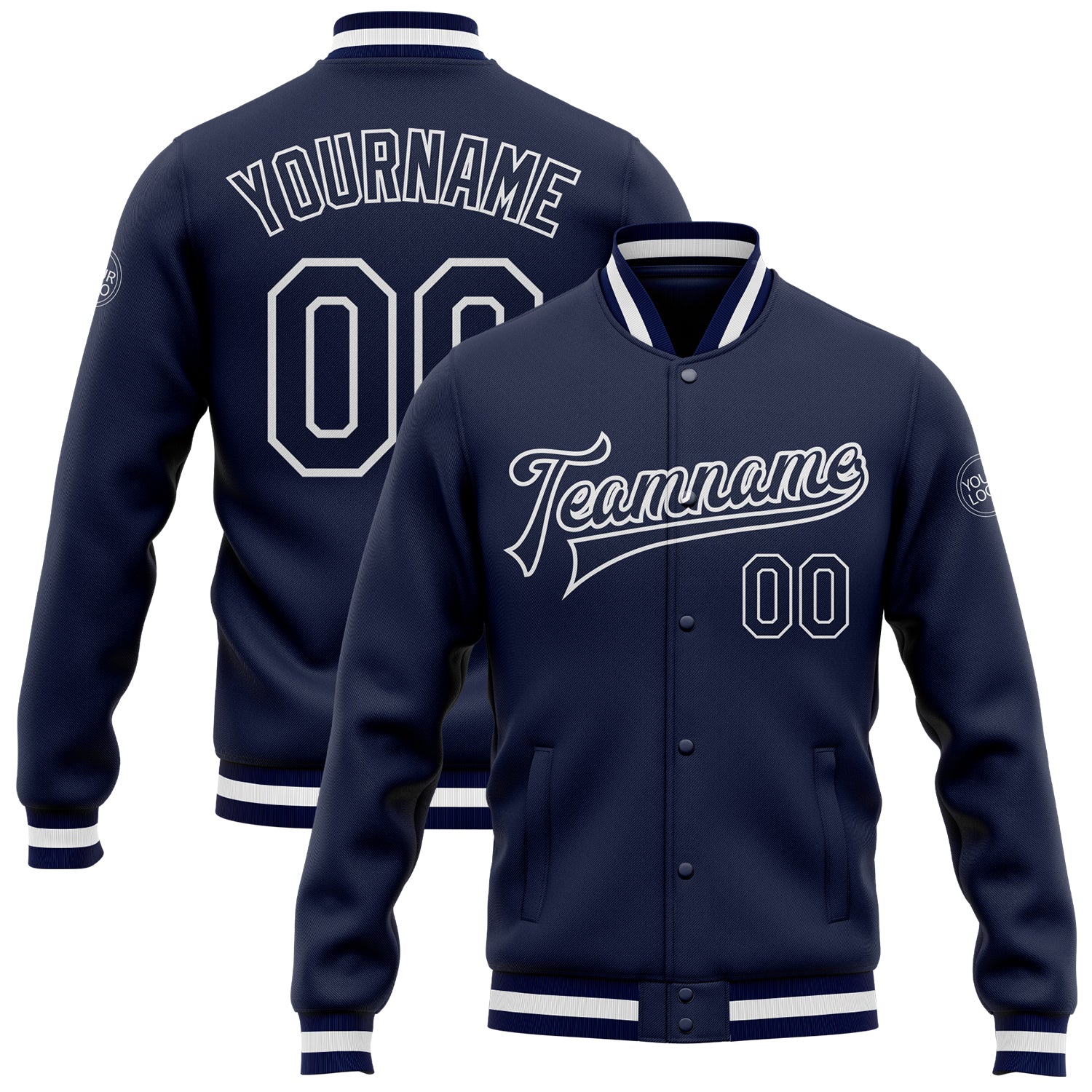 Custom Navy White Bomber Varsity Letterman Jacket Full-Snap Design Custom Navy Navy-White Bomber Full-Snap Varsity Letterman