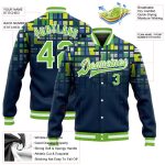 Custom Navy Green White 3D Pattern Varsity Letterman Jacket Full-Snap Bomber Custom Navy Neon Green-White 3D Pattern Design