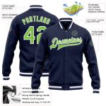 Custom Navy Neon Green White Varsity Letterman Bomber Full-Snap Jacket Custom Navy Neon Green-White Bomber Full-Snap Varsity