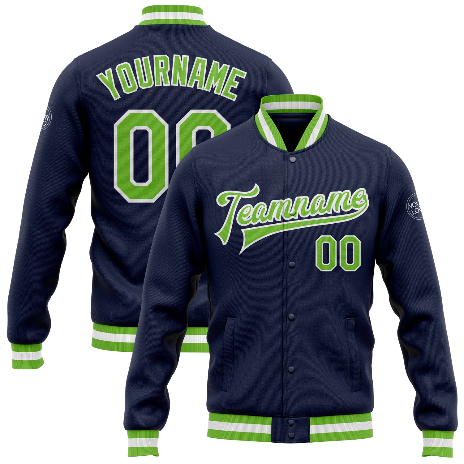 Custom Navy White Neon Green Full-Snap Varsity Jacket Bomber Style 4063 Custom Navy Neon Green-White Bomber Full-Snap Varsity