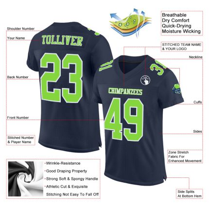 Custom Navy Neon Green White Authentic Football Jersey Mesh Design Custom Navy Neon Green-White Mesh Authentic Football Jersey