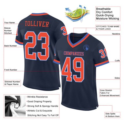 Navy Orange-Blue Custom Throwback Football Jersey - Authentic Mesh Design Custom Navy Orange-Blue Mesh Authentic Throwback