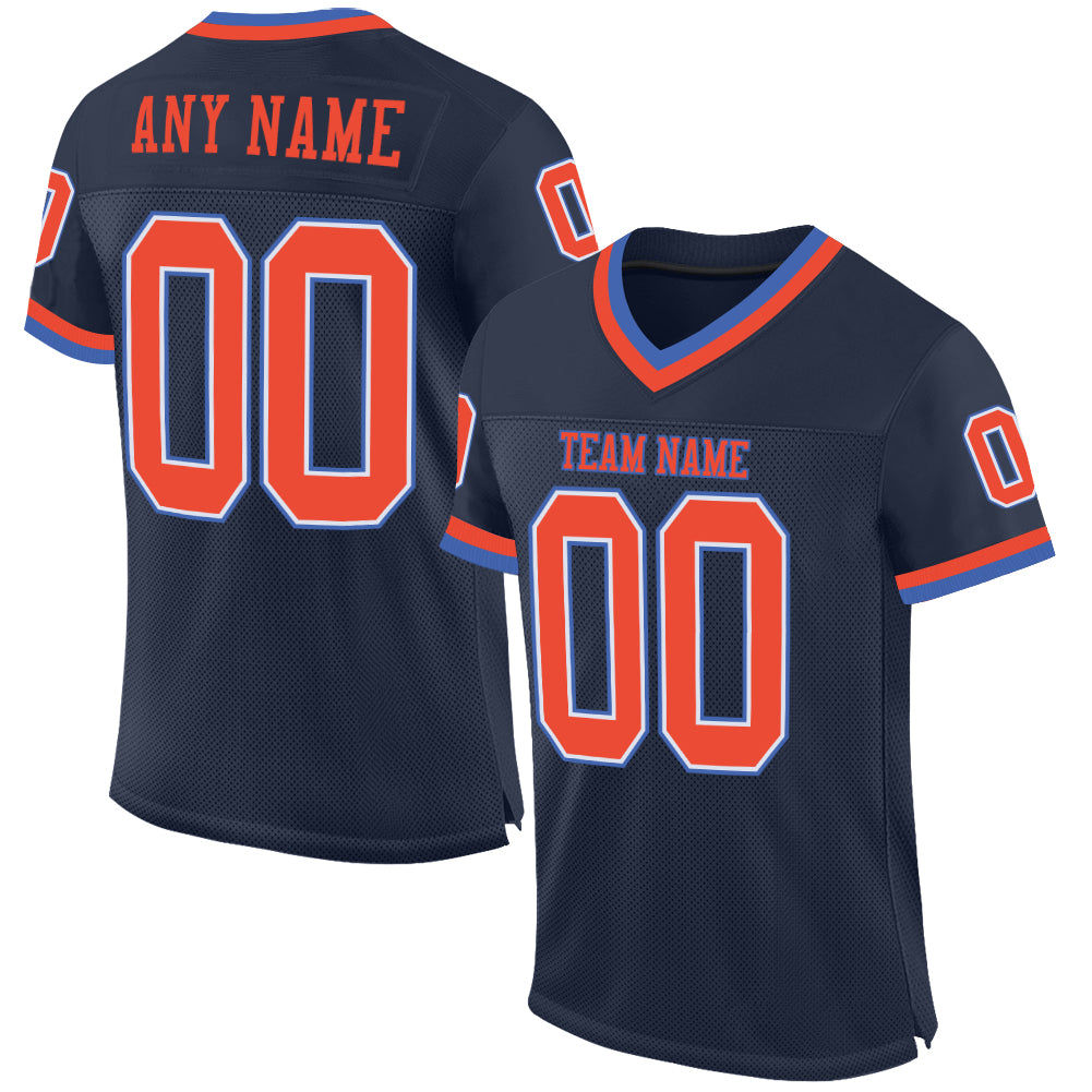 Navy Orange-Blue Custom Throwback Football Jersey - Authentic Mesh Design Custom Navy Orange-Blue Mesh Authentic Throwback