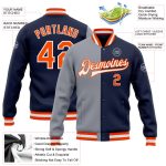 Custom Navy Orange Gray Varsity Letterman Bomber Jacket Full-Snap Fashion Outerwear Custom Navy Orange-Gray Bomber Full-Snap