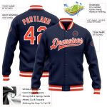 Custom Navy Orange White Varsity Letterman Bomber Jacket Full-Snap Custom Navy Orange-White Bomber Full-Snap Varsity Letterman