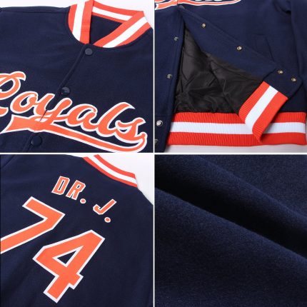 Custom Navy Orange White Varsity Letterman Bomber Jacket Full-Snap Custom Navy Orange-White Bomber Full-Snap Varsity Letterman