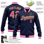 Custom Navy Pink Neon Green Varsity Letterman Bomber Full-Snap Jacket Custom Navy Pink-Neon Green Bomber Full-Snap Varsity
