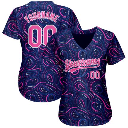 Custom 3D Pattern Baseball Jersey - Authentic Navy Pink-White Design Custom Navy Pink-White 3D Pattern Design Authentic Baseball