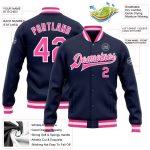 Navy Pink White Custom Bomber Varsity Jacket Full-Snap Letterman Style Custom Navy Pink-White Bomber Full-Snap Varsity Letterman