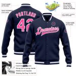 Navy Pink White Varsity Letterman Jacket Custom Full-Snap Bomber Style 6380 Custom Navy Pink-White Bomber Full-Snap Varsity