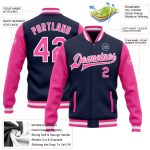 Navy Pink White Two Tone Varsity Letterman Bomber Jacket Full-Snap Custom Custom Navy Pink-White Bomber Full-Snap Varsity