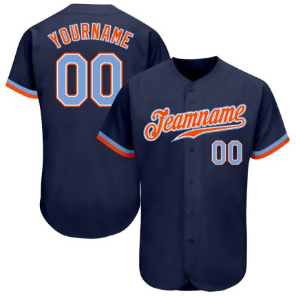 Custom Navy Powder Blue Orange Baseball Jersey - Authentic Team Apparel Custom Navy Powder Blue-Orange Authentic Baseball