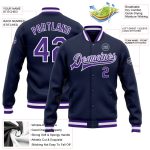 Navy Purple White Custom Varsity Letterman Bomber Jacket Full-Snap Custom Navy Purple-White Bomber Full-Snap Varsity Letterman