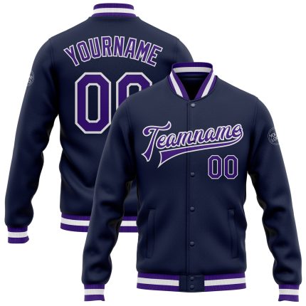 Navy Purple White Custom Varsity Letterman Bomber Jacket Full-Snap Custom Navy Purple-White Bomber Full-Snap Varsity Letterman
