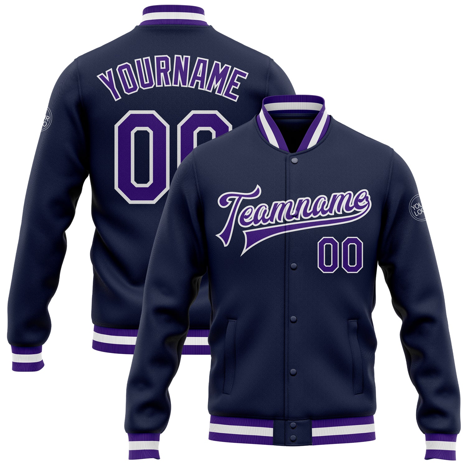 Navy Purple White Custom Varsity Letterman Bomber Jacket Full-Snap Custom Navy Purple-White Bomber Full-Snap Varsity Letterman