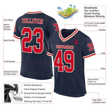 Custom Navy Red Cream Mesh Football Jersey - Authentic Throwback Style Custom Navy Red-Cream Mesh Authentic Throwback Football