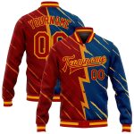 Custom Navy Red Gold 3D Pattern Bomber Varsity Letterman Jacket Full-Snap Custom Navy Red-Gold 3D Pattern Design Bomber Full-Snap