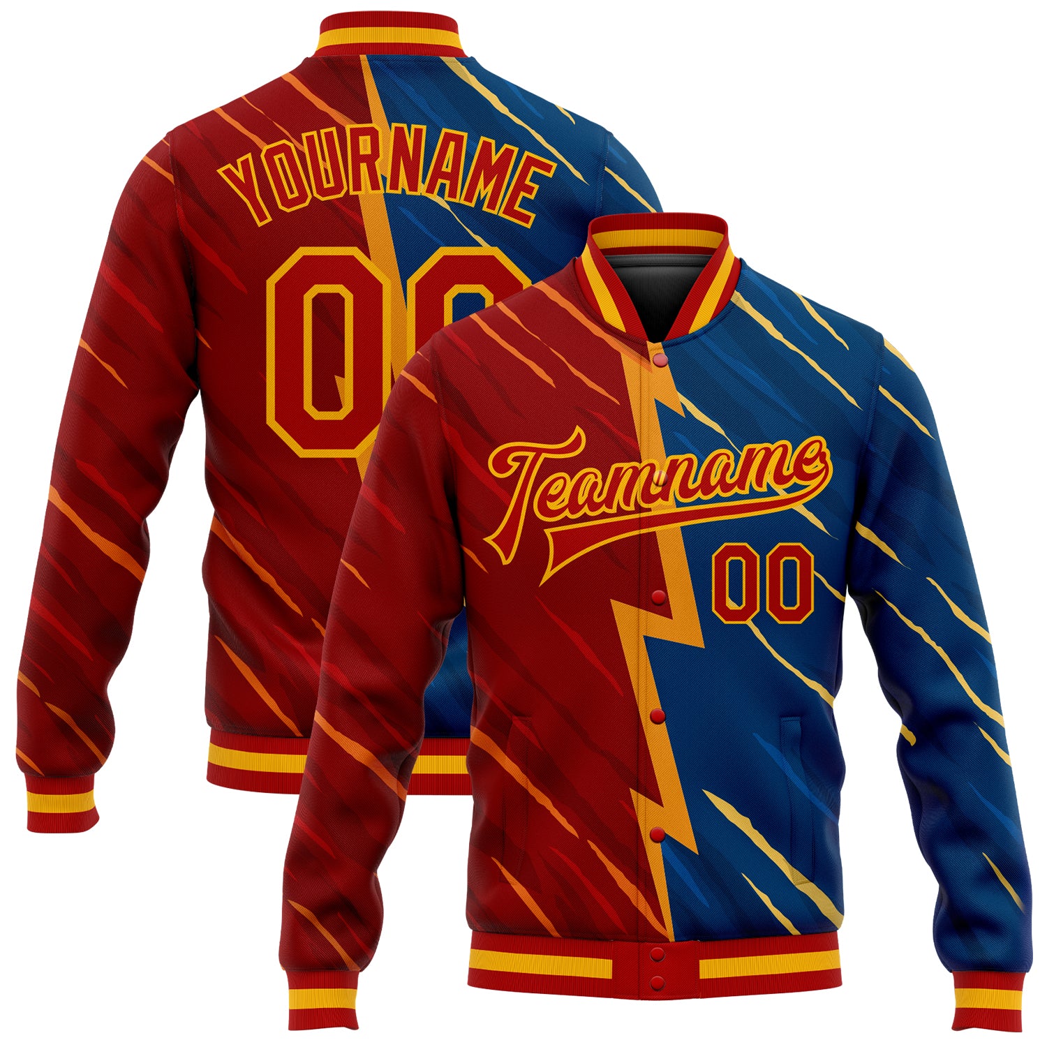 Custom Navy Red Gold 3D Pattern Bomber Varsity Letterman Jacket Full-Snap Custom Navy Red-Gold 3D Pattern Design Bomber Full-Snap