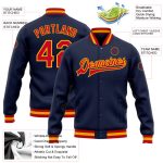 Custom Navy Red Gold Varsity Letterman Bomber Jacket Full-Snap Design Custom Navy Red-Gold Bomber Full-Snap Varsity Letterman