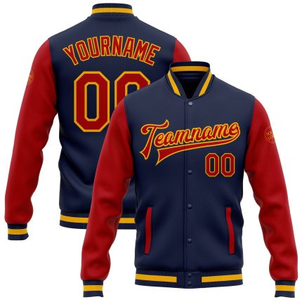 Navy Red Gold Two Tone Bomber Jacket Custom Full-Snap Varsity Letterman Custom Navy Red-Gold Bomber Full-Snap Varsity Letterman