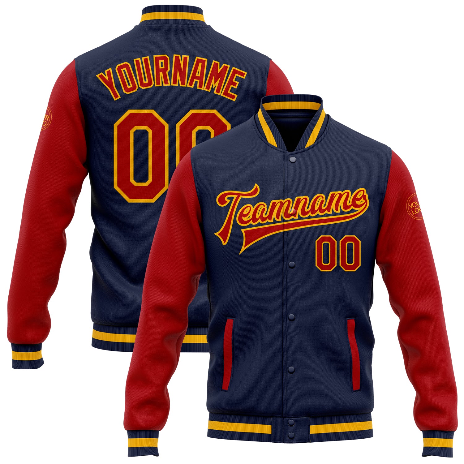 Navy Red Gold Two Tone Bomber Jacket Custom Full-Snap Varsity Letterman Custom Navy Red-Gold Bomber Full-Snap Varsity Letterman
