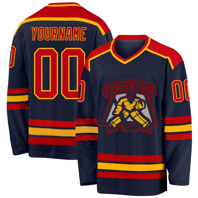 Custom Navy Red Gold Hockey Jersey for Men Women Personalized Team Apparel Custom Navy Red-Gold Hockey Jersey