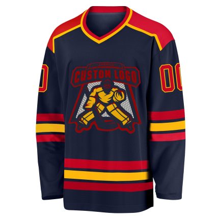 Custom Navy Red Gold Hockey Jersey for Men Women Personalized Team Apparel Custom Navy Red-Gold Hockey Jersey