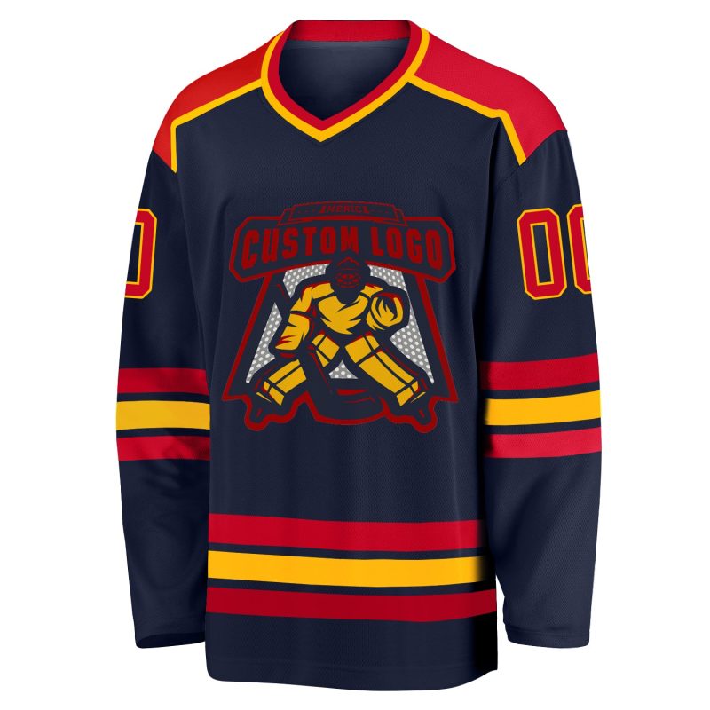Custom Navy Red Gold Hockey Jersey for Men Women Personalized Team Apparel Custom Navy Red-Gold Hockey Jersey